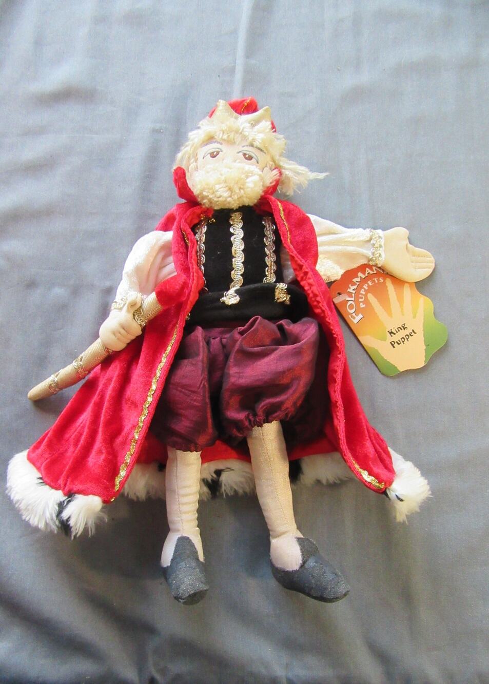 Folkmanis King Puppet Legend NWT Toy Red Velvet Cape Crown Royalty 12 "